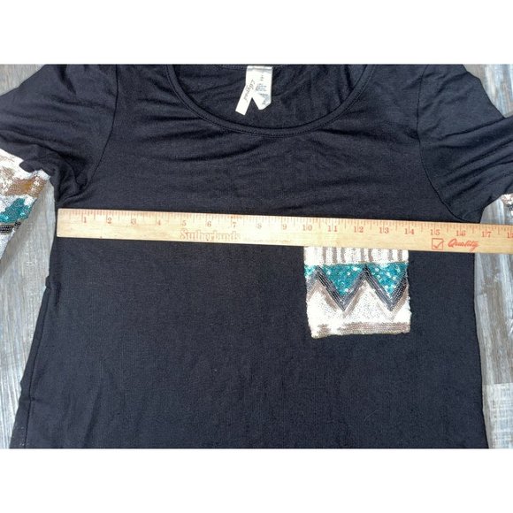 Black Long Sleeve Top with Aztec Sequence Design Lilypad Size S (Plus Size) - Picture 6 of 9
